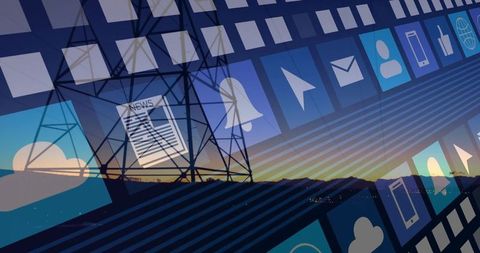 Digital network overlay over sunset ridge with floating app icons and transmission tower layered