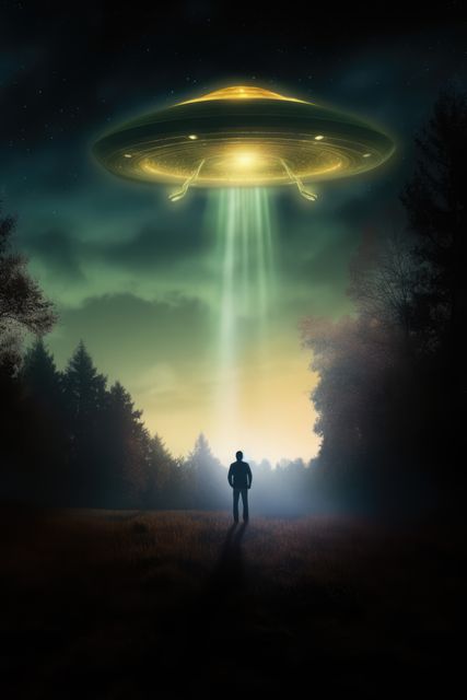 This image captures a lone man standing in a dark forest at night, staring up at a mysterious UFO hovering above him with bright glowing lights. The UFO emits a beam of light that adds to the supernatural atmosphere. Ideal for use in science fiction articles, alien encounter stories, or supernatural illustrations, this image evokes mystery and the unknown.