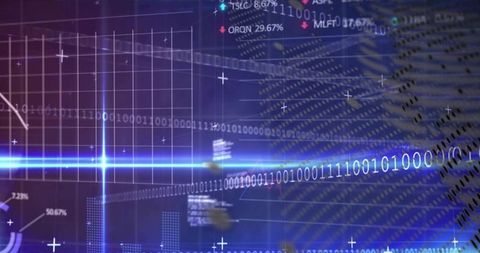 Glowing Binary Beam Streaming Across Futuristic Digital Dashboard HUD with Gridlines, Globe