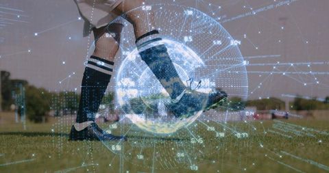 Female Soccer Player Kicking Ball with Holographic Data Globe for Performance Analytics