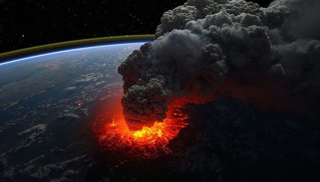 Volcanic Eruption From Low Earth Orbit Showing Lava and Ash Plume