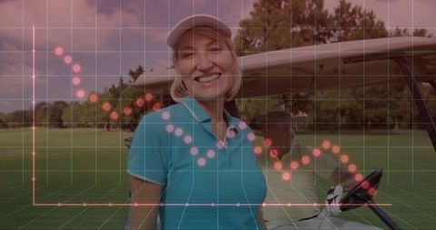 Confident senior female golfer with graph overlay on fairway