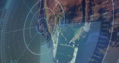 Displaying radar hud overlay over coastal fort and rocky headland with pier and seawall