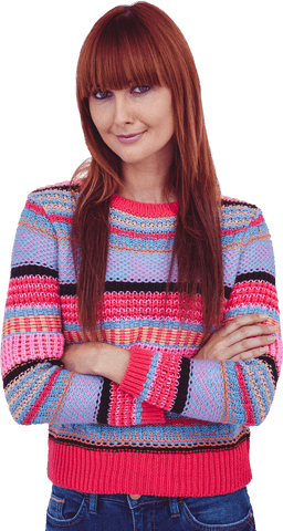 Smiling Hipster Woman in Vibrant Striped Sweater on Transparent Background