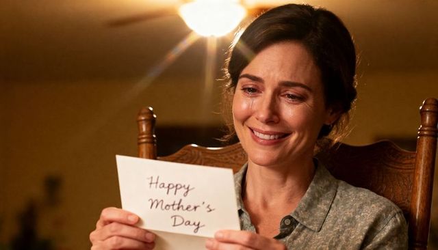 Tearful woman reading happy mother's day card under warm ceiling light, intimate portrait