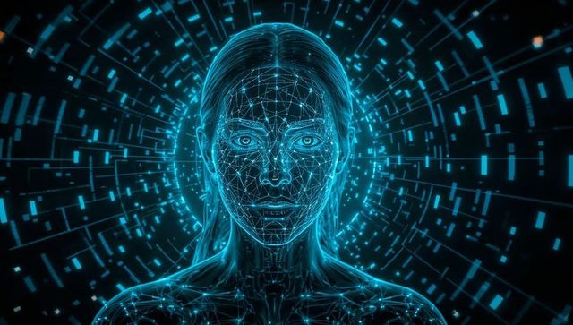 Cyan holographic female avatar glowing inside digital data tunnel with facial mesh