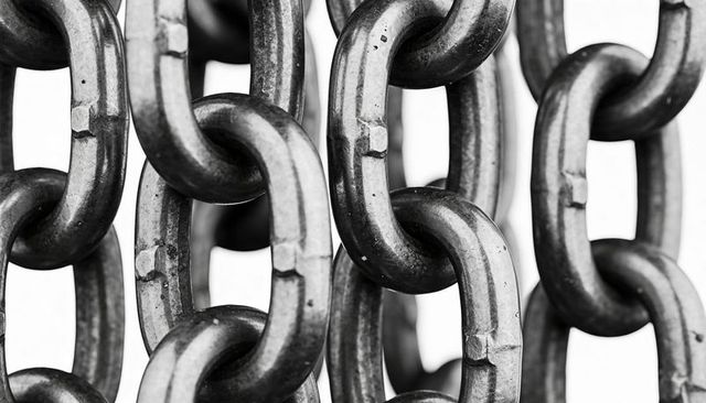 Heavy duty steel chain macro showing weld seams, scratches and metal texture