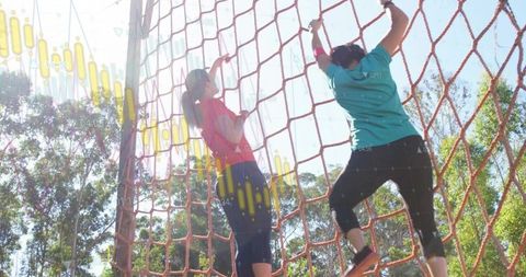 Women conquering obstacle course with data visualization overlay