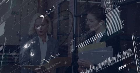 Businesswomen Reviewing Projected Data Dashboards, Corporate Collaboration and Analytics