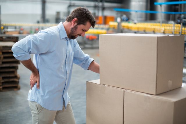Factory Worker Experiencing Back Pain While Handling Boxes - Download Free Stock Photos Pikwizard.com