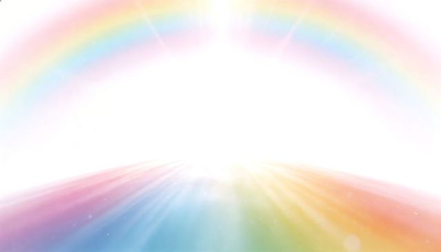Radiating pastel horizon with rainbow arc and soft prism rays for spiritual wellness