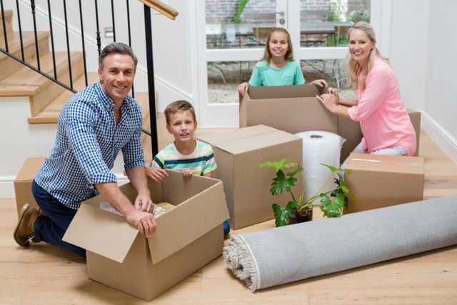 Family unpacking boxes in living room of new home, showing joy and togetherness. Ideal for use in real estate, moving services, family lifestyle, and home decor advertisements.