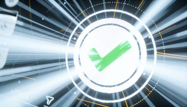 Displaying digital confirmation checkmark with glowing concentric rings on futuristic hud