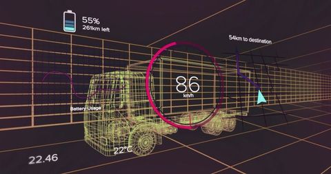 Futuristic wireframe truck with digital speedometer and battery display