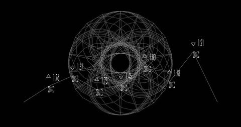 Complex wireframe sphere with data annotation in digital space