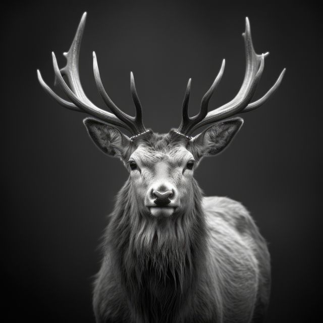 This black and white portrait of a majestic stag with large antlers captures the elegance and power of this forest animal. Ideal for use in wildlife-themed publications, nature blogs, or as striking wall art in homes or offices, emphasizing the regal and untamed beauty of wilderness.