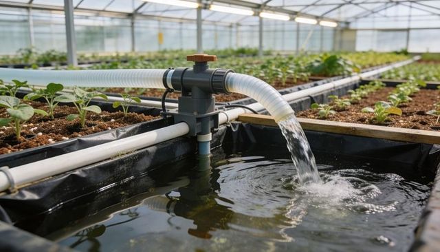 Greenhouse hydroponic irrigation pouring clear water into reservoir near seedling trays