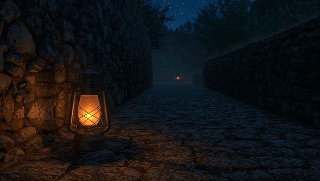 Glowing oil lantern casting warm amber light on cobblestone path in misty night alley