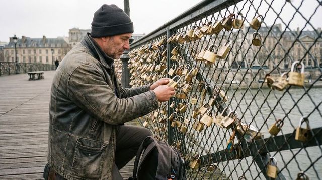Kneeling Man Examining Brass Padlocks on Urban Bridge Rail by Riverfront Boardwalk