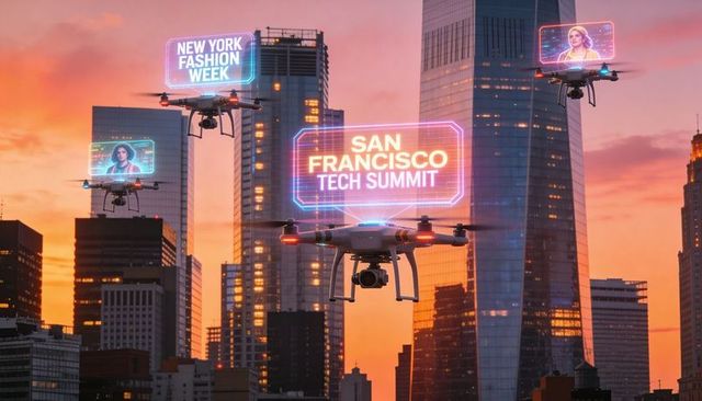 Hovering drones displaying neon san francisco tech summit over urban skyline at sunset
