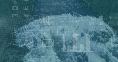 Waterfall blending with digital data overlay in forest glen