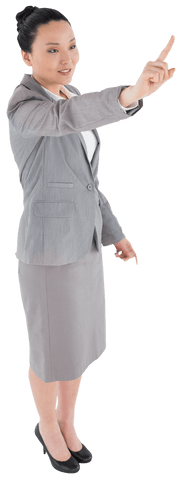 Happy asian businesswoman pointing up for success on transparent background