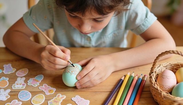 Child painting pastel easter egg with fine brush at wooden table surrounded by stickers and colored