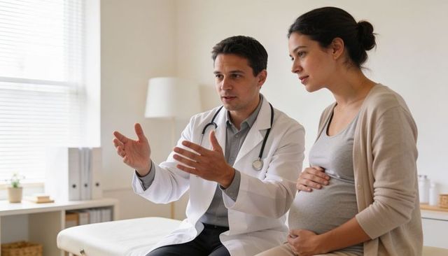 Male doctor consulting expectant woman during prenatal visit, offering maternity guidance