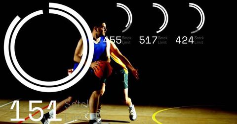 Basketball Player Dribbling with Competitive Intensity and HUD Graphics