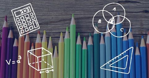 Rainbow Pencils with Math Doodles on Wood Background