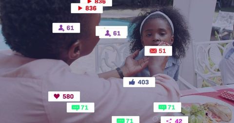 Mother feeding daughter backyard pool patio with floating social media notifications