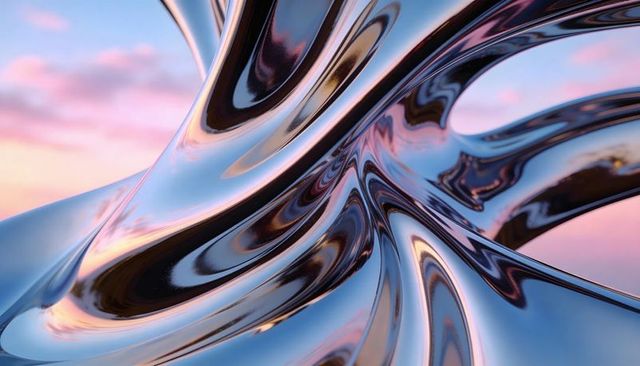 Chromed liquid sculpture flowing with pastel sky reflections and surreal metallic gloss