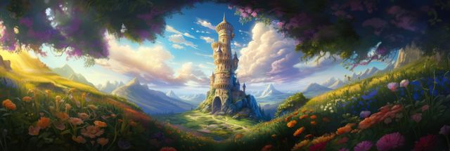Beautiful fantasy landscape featuring a tall tower at the center of a lush meadow filled with colorful flowers. Picturesque mountains and a vibrant sky with fluffy clouds surround the scene. Ideal for use in projects related to fantasy themes, fairytales, magic, and storytelling.