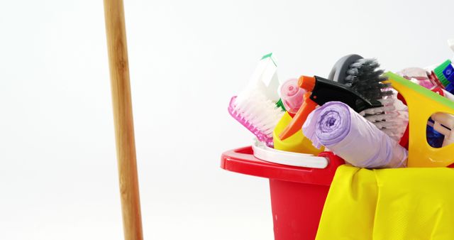 Cleaning Equipment in Red Bucket with Mop Handle and Cleaning Supplies - Download Free Stock Images Pikwizard.com