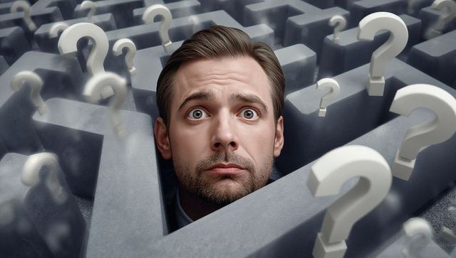 Businessman navigating through 3d maze with floating question marks