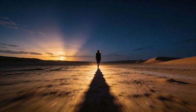 Lone traveler walking toward dramatic sunset across desert dunes casting long shadow