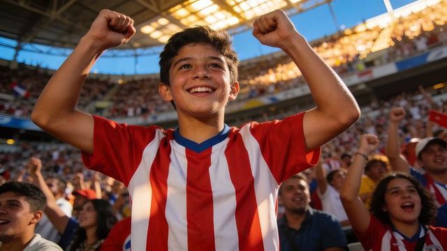 Young soccer fan cheering with arms raised in sunlit stadium crowd celebrating goal