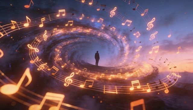 Silhouette Standing Before Glowing Musical Vortex on Rocky Ridge at Twilight