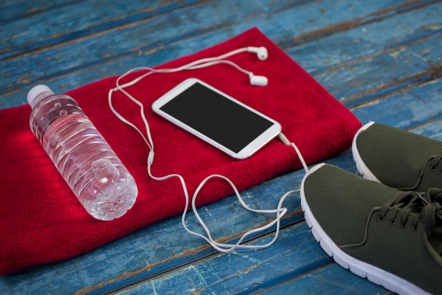 High angle view of fitness essentials including a water bottle, mobile phone with in-ear headphones, and sports shoes placed on a red towel over a blue wooden table. Ideal for use in articles, blogs, and advertisements related to fitness, workout routines, gym preparation, and healthy lifestyles.