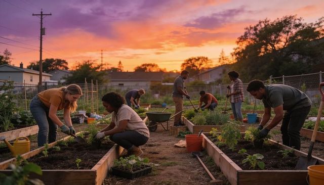 Volunteer team planting raised-bed community garden at sunset in neighborhood
