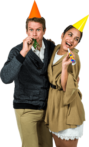 cheerful couple celebrating with party horns transparent - Download Free Stock Videos Pikwizard.com