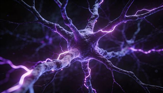 Glowing purple neuron network showing bioelectric pulses along dendrites and axon