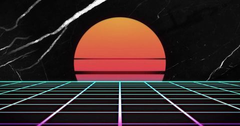 Retrowave Neon Grid Horizon with Scanline Sun on Black Marble Backdrop, Synthwave Style