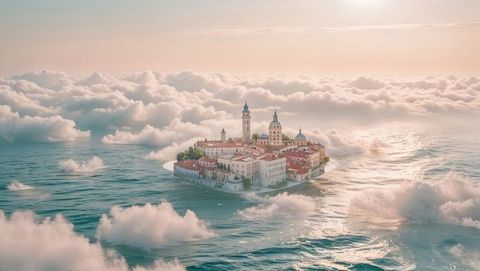 Dreamlike island floating amongst clouds across calm sea