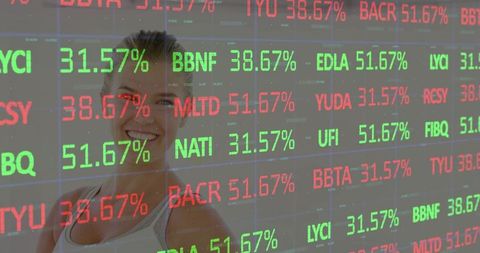Smiling Woman Behind Transparent Stock Ticker Showing Red and Green Market Percentages