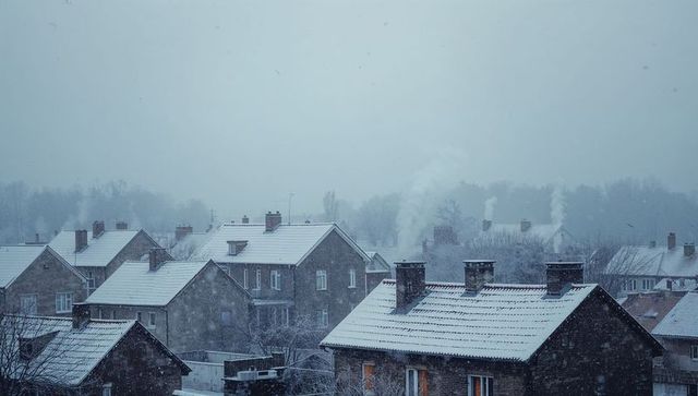 Snow-blanketed suburban rooftops with chimney smoke and overcast winter atmosphere