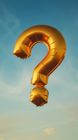 Gold Foil Question Mark Balloon Floating and Rotating in Blue Sky Vertical Video