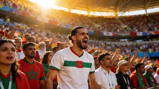 Moroccan fans cheering and leading chants in sunlit stadium with passionate energy
