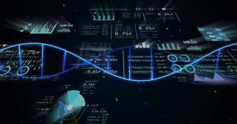 Glowing data helix visualizing futuristic financial analytics and interactive hud dashboard
