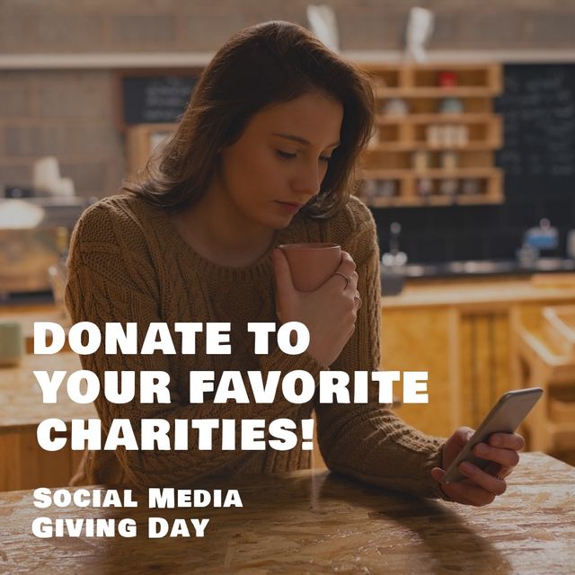 Composite image of caucasian young woman using phone with donate to your favorite charities in cafe. fundraising, charity, social media, donation, wireless technology.